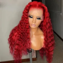 Långt brasiliansk hårröd spets front peruker 13x4 Bourgogne Deep Wave Lace Frontal Wig Transparent spets lockiga syntetiska peruker cosplay drag drottning förplucked