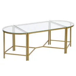 Mesa de café com moldura de metal superior de vidro temperado, ouro