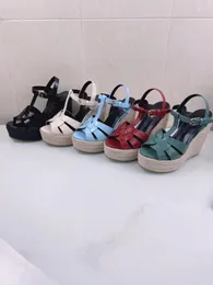 Scarpe europee di grandi nomi di beni di lusso, sandalo da donna stile gladiatore, pantofola formale, suola intrecciata in vera pelle, tacco alto stile tessitura