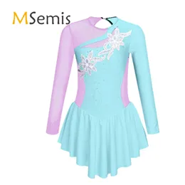 Dancewear Kids Girls Balet Tutu sukienka taniec noszenie długiego rękawu okrągły dekolt błyszcząca łyżwiarka figurowa balerina taneczna sukienka taneczna 230520