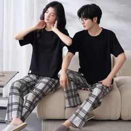 Men's Sleepwear Plaid Couples Cotton Summer Spring Home Clothes For Men/Women Short Sleeve Long Pant Nightwear Conjuntos De Pijama