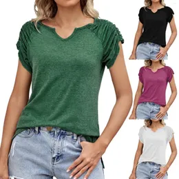 Women's Blouses Pleated Short Sleeve V Neck T Shirts Women Loose Casaul Solid Color Cotton Blouse 2023 Summer Lady Office Work Out Pullover