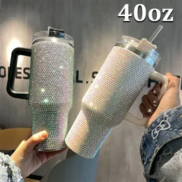 40 oz elmas su şişeleri, kapaklı yalıtılmış tumpler ile kapak saman paslanmaz çelik kahve kupaları termos fincanları FY5717