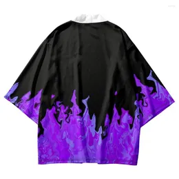 Ubranie etniczne 2023 Mężczyźni Kobiety Czarny płomień nadruk Bluzka Bluzka Haori Obi azjatyckie ubrania w stylu japońsku w stylu Kimono i szorty