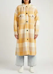 Women's Wool Women Color Stitching Ploid a metà lunghezza cappotto con tasche 2023 Ladies Single Sfiorle Sliose Spalato Lunga Giacca di lana lunga