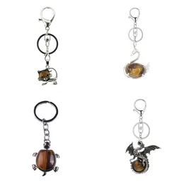 Natural Crystal Tiger Eye Gemstone Multiple Style Keychain for Women Men Copper Sun Dragon Pendant Keychain Jewelry