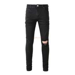 Designer Clothing Amires Jeans Denim Pants Amies Black One Knee Broken High Street Slp Jeans for Mens Fashion Versatile Slim Fit Small Feet Insets Long Pants Distress