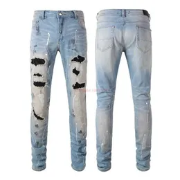 Designer Clothing Amires Jeans Denim Pants Amies High Street Blue Jeans 6523 Broken Cat Beard Hot Diamond Graffiti Jeans Slim Fit Small Feet Pants Male Distressed Rip