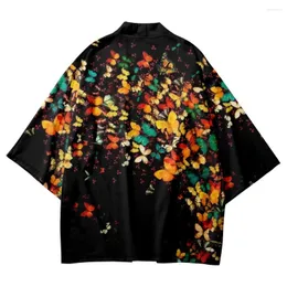Ethnische Kleidung Mann Japanischer Kimono Schwarzer Schmetterlingsdruck Strickjacke Jacke Harajuku Samurai Kleidung Yukata Haori Obi Streetwear