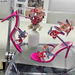 Sandaler Fuchsia Flower Sandals Serpentine 95cm High Heeled Shoe Designers Crystal Rhinestone Decoration Stiletto Heel Women Rom Sandal 412 With Box J0524