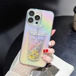 Fashion Rainbow Milk Tea Cup Case for iPhone 15 14 13 12 11 Pro Max Bling Diamond Lemond Liquid Quickid and Glitter Woving Transparent