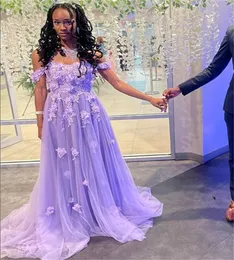 Fairy Lilac 3D Florals Dress 2023 Offs Offs a line Tulle Evening Dresses Apliques Lace Ocância formal Festa de aniversário Robe de Soiree Vestido de Noche