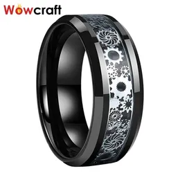 Rings 6/8mm Black Wedding Band Tungsten Carbide Rings for Men Women Carbon Fiber Gears Inlay Polished Shiny Beveled Edges Comfrot Fit