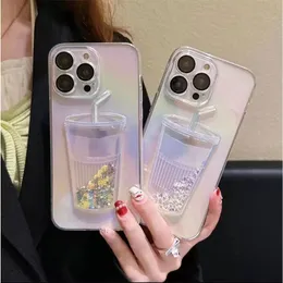 Gradient Rainbow Milk Tea Cup Case For iPhone 14 13 12 11 Pro Max Bling Diamond Lemon Liquid Quicksand Glitter Transparent Cover