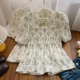 Women's Blouses Blouse Women Floral Printed Sweet Blusas A Rayas Para Mujer Square Collar Peplum Femininas Puff-sleeve Summer Dropship