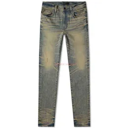 Дизайнерская одежда Amires Jeans Denim Pants 22fw Amies Yellow Mud Wash Coat Worn Weared Stretch Fit Jeans for Men Four Seasons Проблемные рваные узкие мотоциклетные байкеры