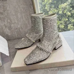 Klänningskor Spring Autumn Ankle Boots Shiny Crystal Square Toe Women Short Boot Runway Outfit äkta Leather Chunky High Heels Party Boots J230522