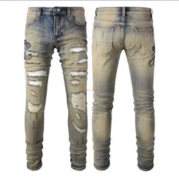 Designerkläder amirlieses jeans denim byxor amies high street mode märke män slitna orm broderade jeans med trasiga hål nostalgiska repade