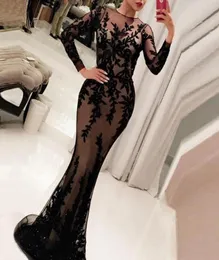 2022 Eleganckie suknie wieczorowe z długim rękawem Vestidos Czarne aplikacje Długie suknie balowe Avondjurk Dubai Mermaid Formalne suknie wieczorowe 033420591