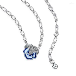 Chains 925 Silver Classic Anchor Chain Necklace Blue Pansy Flower Pendant Fit Original Charm Women Fine Jewelry DIY