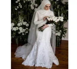 Elegant Muslim Mermaid Wedding Dresses With Hijab 2022 Long Sleeves High Neck Appliqued Lace Bridal Gowns gelinlik in Dubia Islami8572436