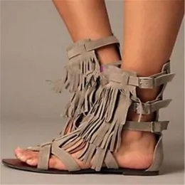 Western Fashion Women Open Toe Suede Leather Tassels Flat Gladiator Sandals Buckles Strap Fringes Flat Sandals Bohemia Sandals224M