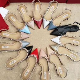 Brand Summer Sandals Women's Studded Flats Casual Designer Gold Matte Leather Studded Slingback Flats 35-43