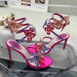 Sandaler Fuchsia Flower Sandals Serpentine 95cm High Heeled Shoe Designers Crystal Rhinestone Decoration Stiletto Heel Women Rom Sandal 412 With Box J0523