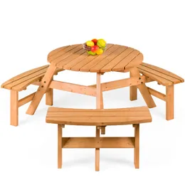 منتجات اختيار 6 شخص دائري طاولة نزهة خشبية في الهواء الطلق W 3 مقاعد مدمجة ، سعة 500 رطل-طبيعية