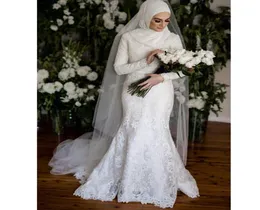 Elegant Muslim Mermaid Wedding Dresses With Hijab 2022 Long Sleeves High Neck Appliqued Lace Bridal Gowns gelinlik in Dubia Islami7820904