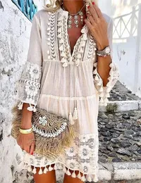 New Womens Casual Dresses Fashionable Sweet Ladies Dress Causal 3/4 Sleeve V Neck Holiday Boho Dresses with Lace Lace and Tassel Cut Out Dress