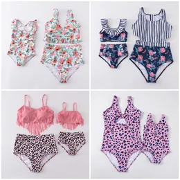 Dopasowanie rodziny stroje GirlyMax Summer Baby Dziewczyny Ubranie dla dzieci Mommy Me Stripe Floral Leopard Stripe Swimsuit Bikini Butique Set Kids Ubranie 230522