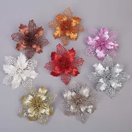 Decorazioni natalizie 5 pezzi fiori di Natale capolini in polvere glitter rossa per ornamenti per l'albero di casa Noel decorazioni per la tavola per feste Navidad