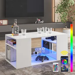 Coffee Table RGB LED Lights bluetooth App Remote Control High Gloss Center Table Glass Display Shelves