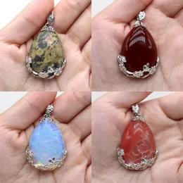 Pendant Necklaces Exquisite Water Drop-Shaped Natural Stone Amethyst Agate Opal Inlaid DIY Jewelry Necklace Earrings Gift