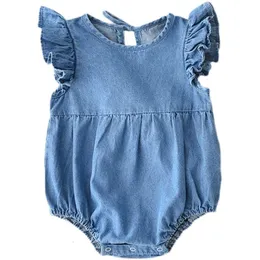 Artırıcılar kız bebek moda denim romper yaz dantel kol romper yumuşak tulum bebek yaz kıyafetleri 230522