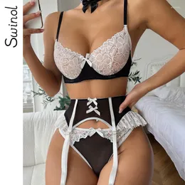 Bras Sets Swinol Sexy Maid Outfit With Bow Choker Lace Patchwork Women 5 Piece Lingerie Set Ruched Bra And Brief Garter Intimate Kit