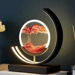 Bordslampor 3D LED -nattljus Fjärrkontroll Quicksand Art Sand Scene Dynamic Round Glass Hourglass Matsal Bedrummet Baltabell Lamp G230522