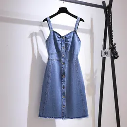 Plus size Dresses 150Kg Plus Size Women's Summer Button Denim Straps Dress Bust 150cm 5XL 6XL 7XL 8XL 9XL Lloose Temperament Suspender Dress Blue 230520