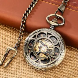 Orologi da taschino Bronzo Steampunk Pumpkin Hollow Orologio da uomo meccanico Movimento a carica manuale Doppio lato Cover Orologio antico