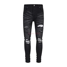 Odzież markowa Amires Jeans Spodnie dżinsowe 2023 High Street Fashion Nowe męskie zepsute czarne dżinsy z białymi łatami Modne spodnie Amies 3033 Distressed Ripped