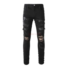 Odzież designerska Dżinsy Amires Spodnie dżinsowe Główna marka modowa Amies Czarne dżinsy z haftem z dziurami w szpilkach Potargane Przystojne spodnie Elastyczne wąskie spodnie dla mężczyzn