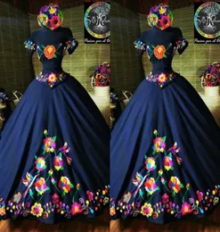 2022 moda charro mexico quinceanera vestidos azul marinho bordado fora do ombro espartilho cetim de volta