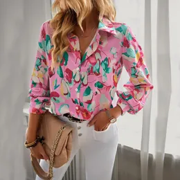 Polo da donna Primavera Estate Donna Camicia a maniche lunghe Cardigan Stampa Pianta Fiore Temperamento Casual T-shirt corte Abbigliamento