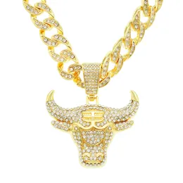 necklace for mens chain cuban link gold chains iced out jewelry Hip hop 3D Diamond Bull Head Pendant Cuban Chain Large Gold Chain