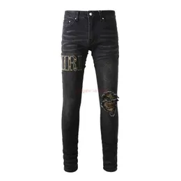 Tasarımcı Giyim Amires Kot Kot Pantolon 872 Yüksek Sokak Modası Marka Amies Siyah Kamuflaj Büyük Harf Elastik Kırık Trendy İnce Düz Küçük Ayaklar Kot Erkek