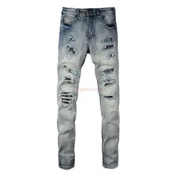 Designerkläder Amires Jeans Denim Byxor Amies Jeans Herr High Street Amerikansk stil Kniv skurna hål Stor skada Cashewblomma Patch Tvättad Blå Utslitna Byxor Dis