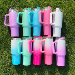 Rainbow Sparkle iridescent silver white purple blue green rose pink rough powder glittery 40oz tumbler with handle and straw