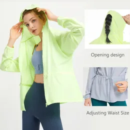 LLU 여성 요가 지퍼 재킷 슬리브 선 스크린 슈트 UPF40+ UV 저항성 긴 슬리브 재킷 모자 성인 퀵 건조 스포츠웨어 상단 단색 지퍼