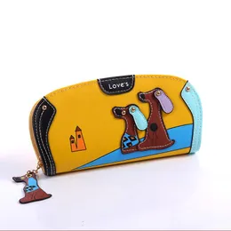 財布かわいいPUレザーパッチワーク漫画犬子犬ジッパーカードホルダーレディー財布クラッチマネーバッグシンプルファッション女性ロングウォレット